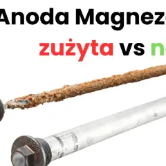Zużyta, zardzewiała anoda w bojlerze obok nowej, lśniącej.
