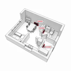 Schemat mieszkania 60m2 z zaznaczonym ogrzewaniem elektrycznym. W salonie, łazience i kuchni widoczne są grzejniki.