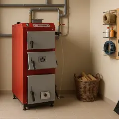 Czerwony piec Defro, gotowy do pracy zimą. Obok kosz z drewnem i narzędzia do obsługi.