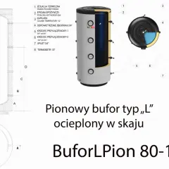Schemat pionowego bufora typu „L” ocieplonego w skaju. Wymiary bufora 500l są widoczne na rysunku technicznym.