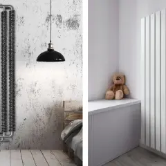 Dwa rodzaje kaloryferów: industrialny, spiralny grzejnik w loftowym wnętrzu i nowoczesny, biały grzejnik w pokoju dziecka.