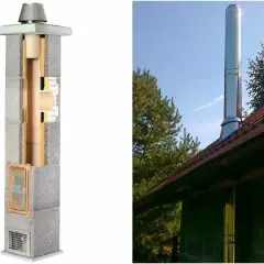 Przekrój komina dymowego z widocznym kanałem odprowadzającym spaliny oraz gotowy, wysoki wylot komina dymowego na dachu domu.