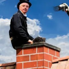 Kominiarz na dachu z miotłą, bocian w locie. Dbaj o swój dom, jak PZU ubezpieczenie domu i przegląd komina.