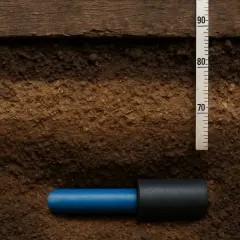 Niebieska rura z wodą znajduje się na głębokości około 75 cm, pod drewnianą belką i warstwami ziemi.