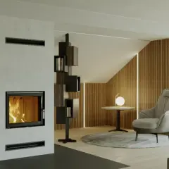 Nowoczesny kominek z widocznym ogniem, idealny na 70m2. Obok regał na książki, fotel i okrągły stolik.