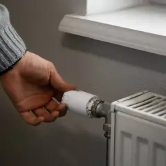 Dłoń reguluje termostat grzejnika, pokazując, jak zaoszczędzić na ogrzewaniu gazowym.