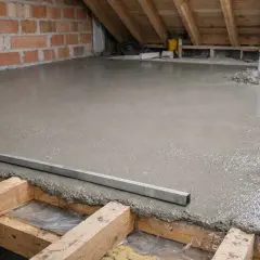 Wylewka na stropie drewnianym w trakcie prac. Beton wylewany jest z węża, tworząc gładką powierzchnię.