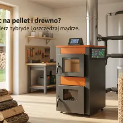 Jaki piec do domu 200m2? Hybrydowy piec na pellet i drewno to mądry wybór. Obok stos drewna i zasobnik pelletu.