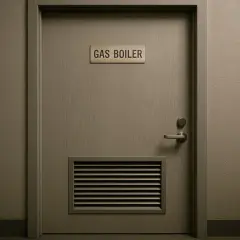 Drzwi do kotłowni gazowej, z tabliczką "GAS BOILER". Wentylacja pod drzwiami zapewnia zgodność z przepisami.
