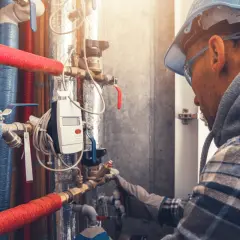 Instalator w kasku pracuje przy rurach. Pokazuje, jak napompować naczynie przeponowe, regulując zawory i sprawdzając manometr.