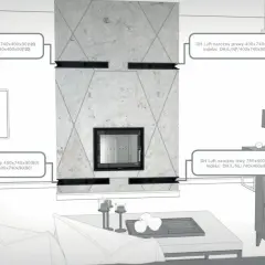 Nowoczesny kominek z kamiennym wykończeniem i szklanymi drzwiczkami. Wskazane wymiary kominka: 740x400x90(120) i 400x740x90(80).