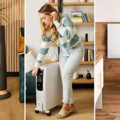 Różne rodzaje grzejników elektrycznych: wieżowy, olejowy z panelem sterowania i nowoczesny panelowy.