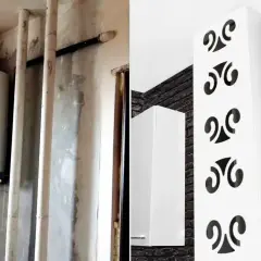 Przed i po: stary piec gazowy na tle rur i ścian, a obok nowoczesna zabudowa, która pokazuje, czy można zabudować piec gazowy, tworząc estetyczne wnętrze.