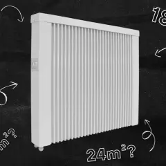 Jaki grzejnik do pokoju 16m²? Obok białego grzejnika pytania o metraż: 5, 10, 12, 15, 18, 20, 24, 30m².