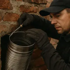 Pracownik w rękawiczkach montuje w starym kominie elastyczny wkład kominowy, używając narzędzia do jego wprowadzenia.