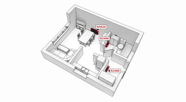 Schemat mieszkania 60m2 z zaznaczonym ogrzewaniem elektrycznym. W salonie, łazience i kuchni widoczne są grzejniki.