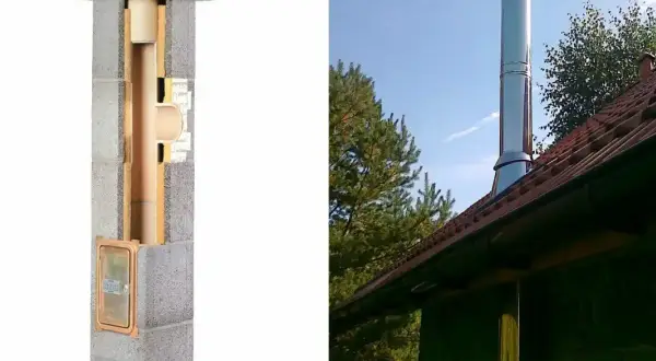 Przekrój komina dymowego z widocznym kanałem odprowadzającym spaliny oraz gotowy, wysoki wylot komina dymowego na dachu domu.