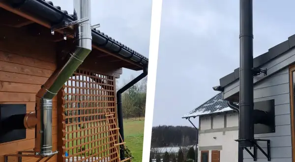 Dwa zewnętrzne kominy: jeden ze stali nierdzewnej przy drewnianym domu, drugi czarny przy murowanym.