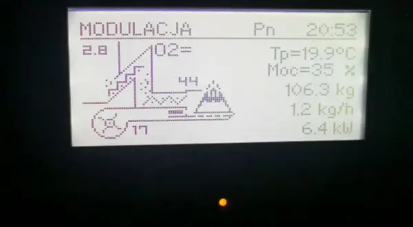 Wyświetlacz pieca Kostrzewa z ustawieniami: modulacja, O2, temperatura, moc, waga paliwa, podajnik i moc grzewcza. System fuzzy logic optymalizuje pracę.