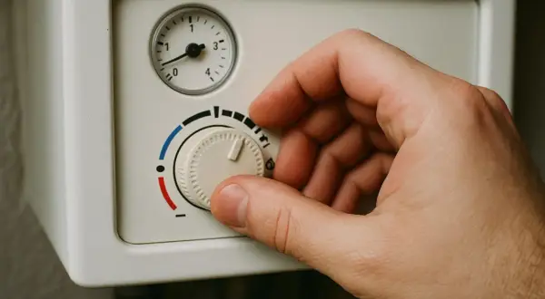 Dłoń reguluje pokrętłem termostatu pieca gazowego, ustalając, jak często powinien włączyć się piec gazowy, by utrzymać komfortową temperaturę.