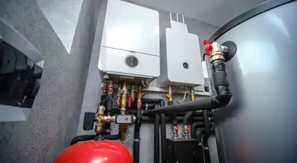 Dwa kotły gazowe z instalacją hydrauliczną, w tym czerwony zbiornik i rury odprowadzające skropliny z pieca gazowego.