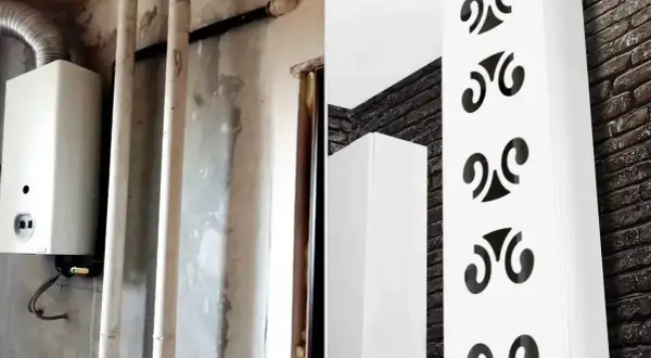 Przed i po: stary piec gazowy na tle rur i ścian, a obok nowoczesna zabudowa, która pokazuje, czy można zabudować piec gazowy, tworząc estetyczne wnętrze.