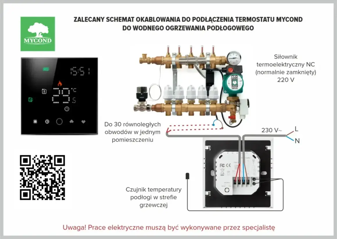 Schemat podłączenia termostatu Mycond do ogrzewania podłogowego. Pokazuje, gdzie zamontować czujnik temperatury podłogi w strefie grzewczej.