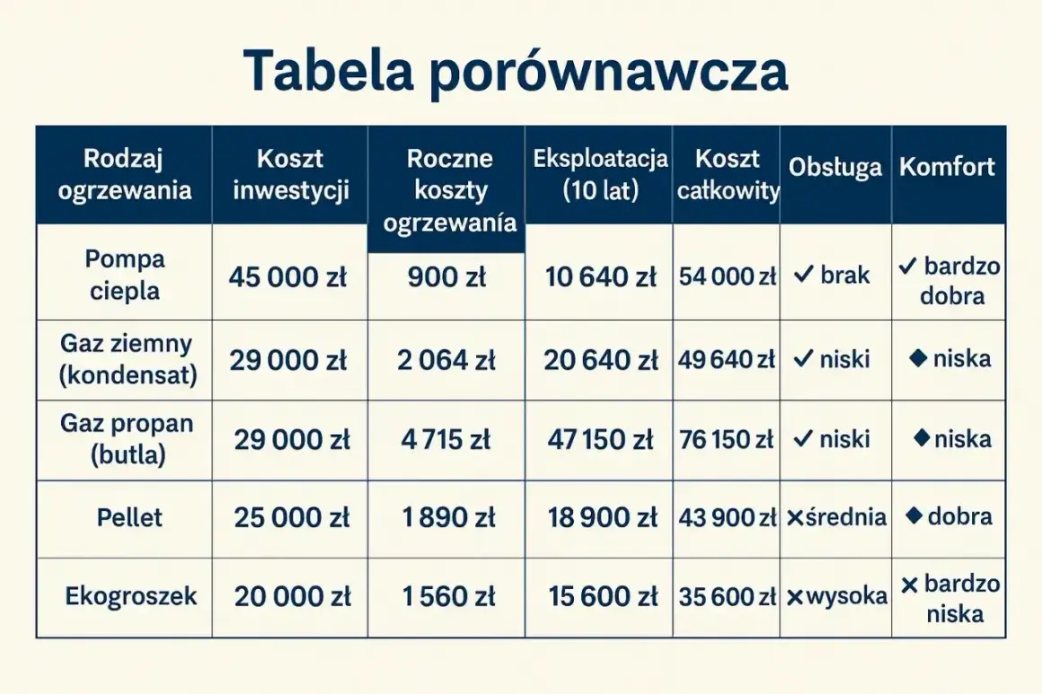 Tabela porównawcza różnych rodzajów ogrzewania domu: pompa ciepła, gaz ziemny, gaz propan, pellet, ekogroszek. Porównuje koszty inwestycji, roczne koszty ogrzewania, eksploatację, koszt całkowity, obsługę i komfort.
