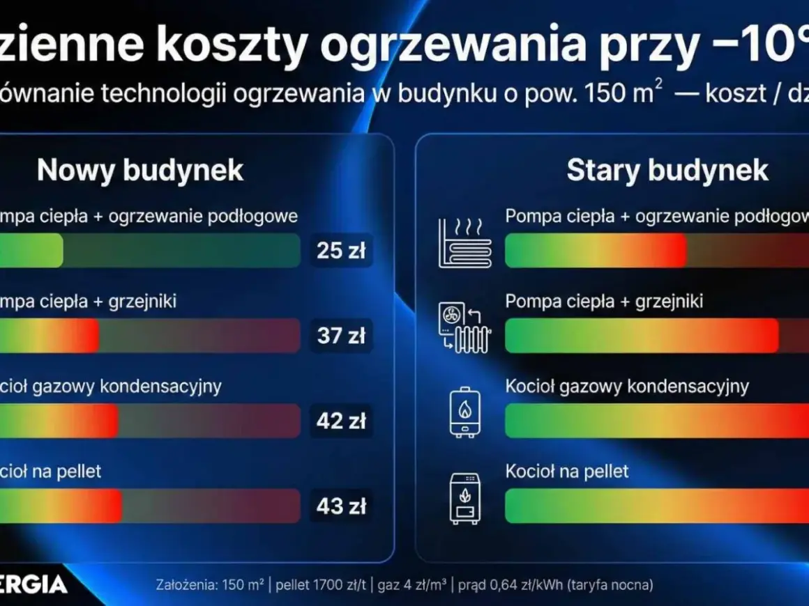 Porównanie kosztów ogrzewania: kocioł gazowy kondensacyjny i na pellet vs pompa ciepła. Nowy budynek vs stary budynek.