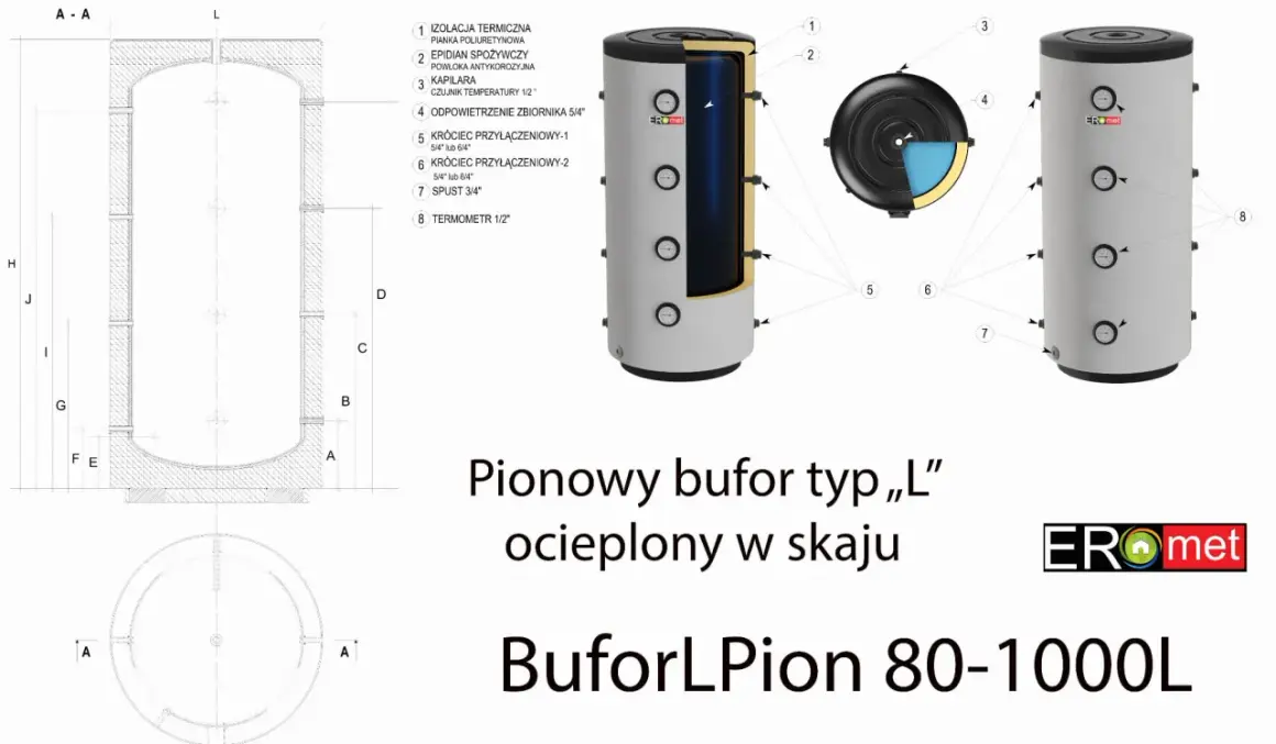 Schemat pionowego bufora typu „L” ocieplonego w skaju. Wymiary bufora 500l są widoczne na rysunku technicznym.