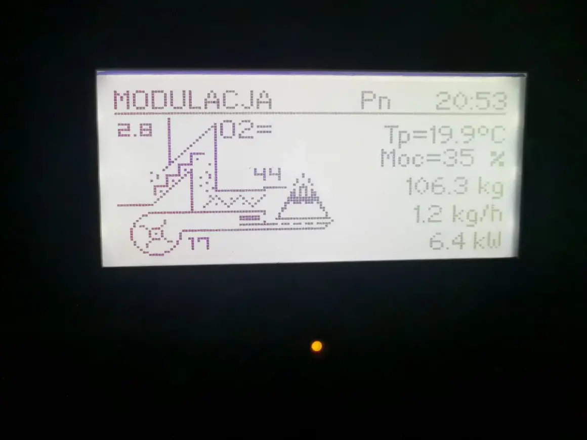 Wyświetlacz pieca Kostrzewa z ustawieniami: modulacja, O2, temperatura, moc, waga paliwa, podajnik i moc grzewcza. System fuzzy logic optymalizuje pracę.
