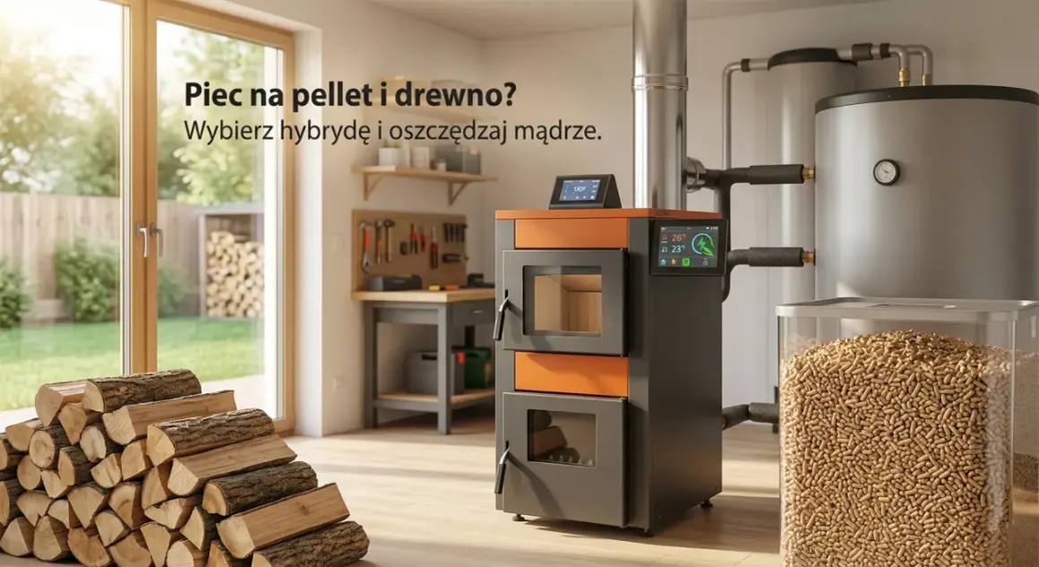 Jaki piec do domu 200m2? Hybrydowy piec na pellet i drewno to mądry wybór. Obok stos drewna i zasobnik pelletu.