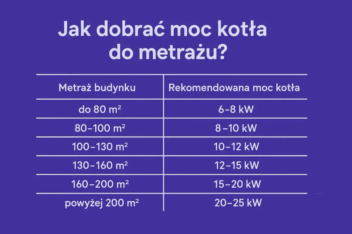 Tabela: Jak dobrać moc kotła do metrażu? Piec 18kW na ile metrów? Dla 160-200 m² rekomendowana moc kotła to 15-20 kW.
