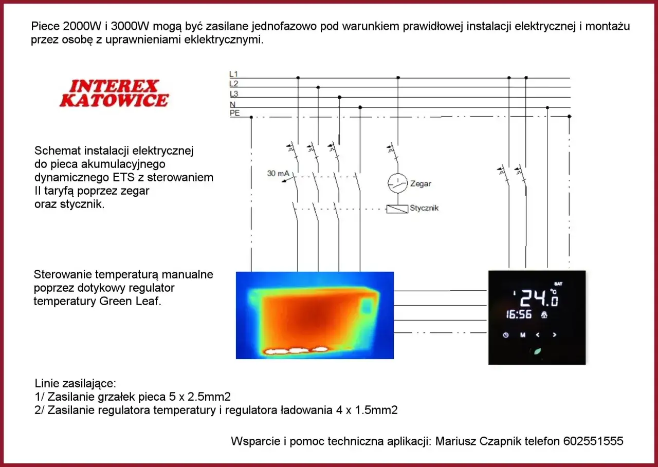 Jaki piec akumulacyjny do jakiej powierzchni? Schemat instalacji dynamicznego pieca ETS z zegarem i stycznikiem, sterowanie manualne regulatorem Green Leaf. Linie zasilające 5x2.5mm2 i 4x1.5mm2.