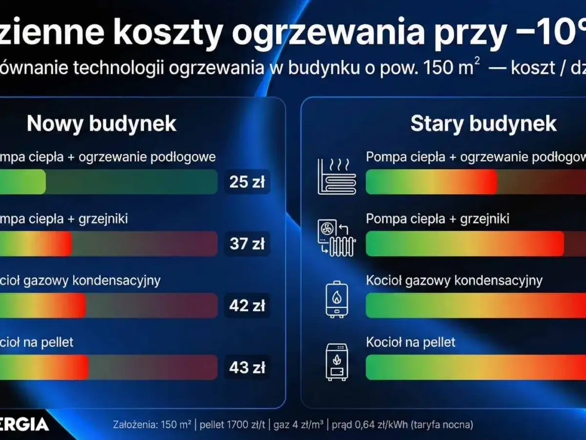 Porównanie kosztów ogrzewania: pompa ciepła czy pellet w nowym i starym budynku. Najtańsza pompa ciepła z ogrzewaniem podłogowym w nowym budynku.