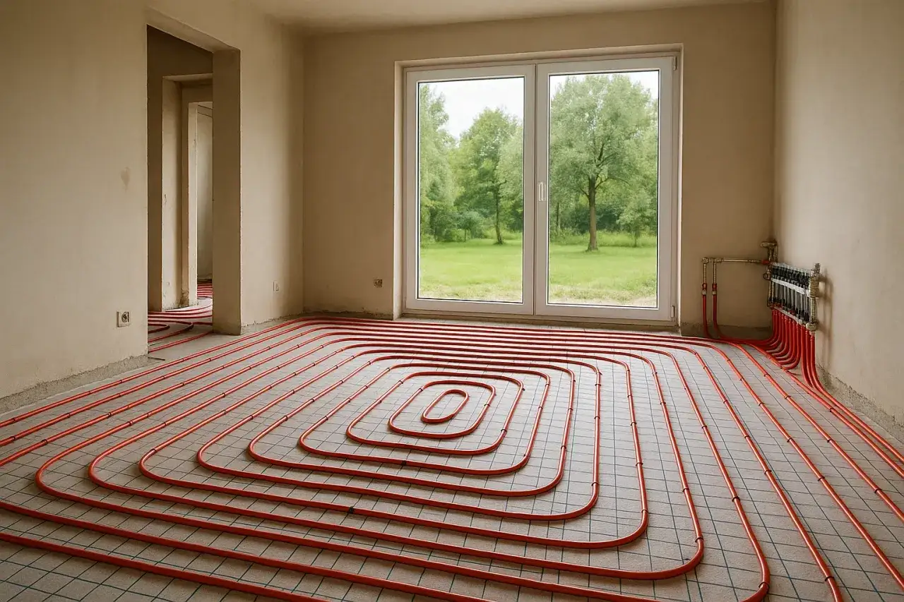 Instalacja wodnego ogrzewania podłogowego w nowym domu. Rury tworzą spiralny wzór na podłodze, przygotowane do wylania betonu.