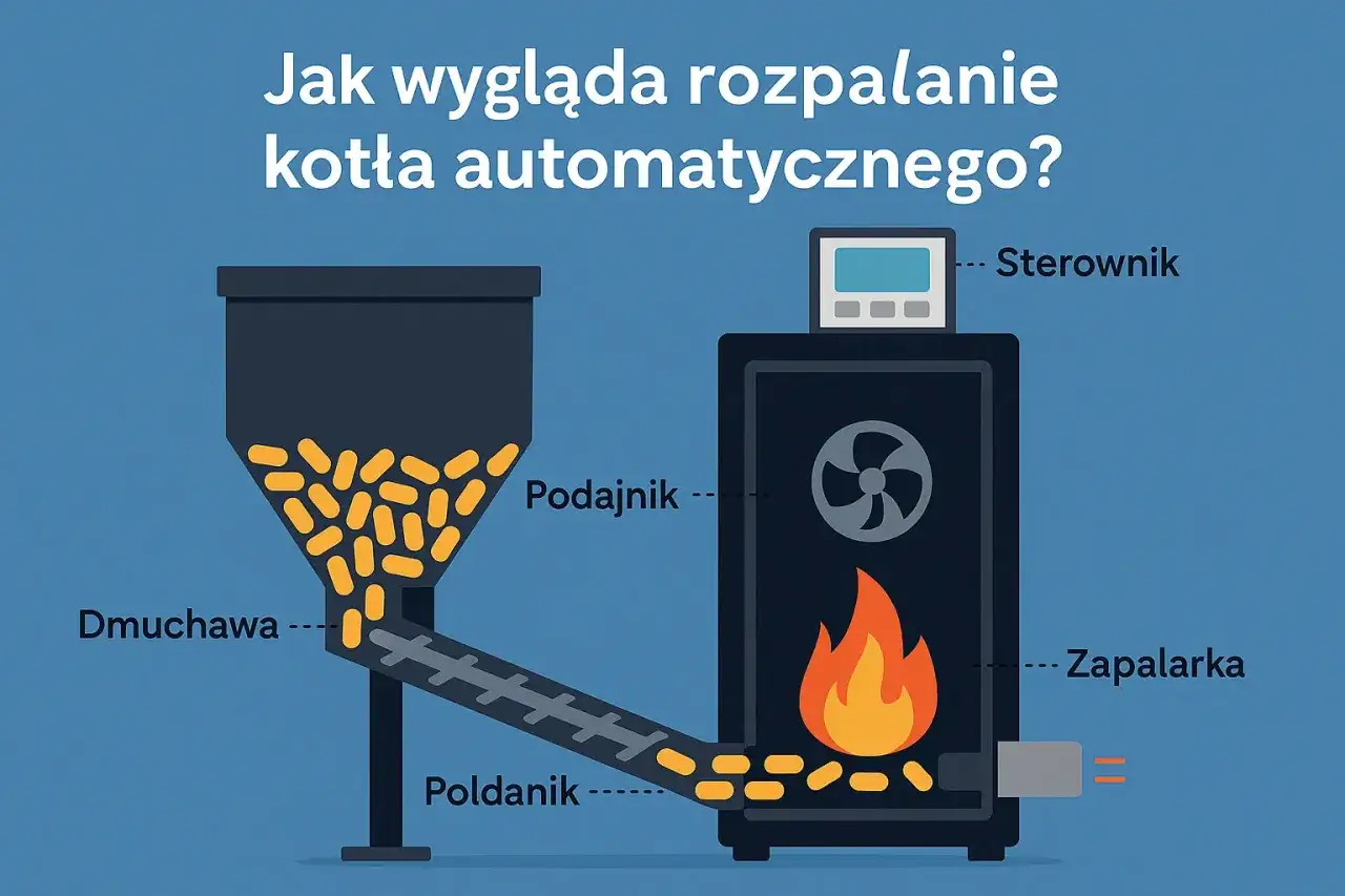 Schemat kotła z podajnikiem ekogroszku, dmuchawą, paleniskiem z płomieniem, zapalarką i sterownikiem. Pokazuje automatyczne rozpalanie pieca na ekogroszek.