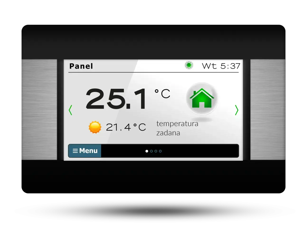 Panel sterowania pieca Kostrzewa z funkcją Fuzzy Logic. Aktualna temperatura 25.1°C, zadana 21.4°C.
