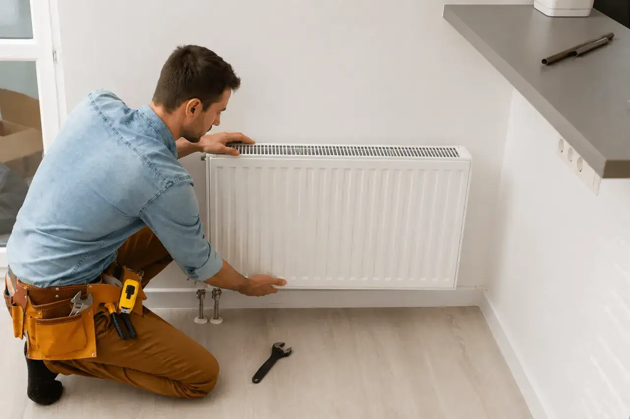 Instalator dokonuje precyzyjnego przesunięcia grzejnika o kilka cm, aby idealnie dopasować go do ściany.