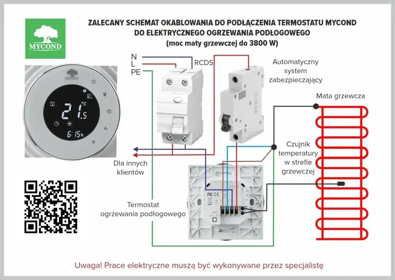 Schemat podłączenia termostatu MYCOND. Czujnik temperatury w strefie grzewczej podłączamy do maty grzewczej, zgodnie ze schematem.