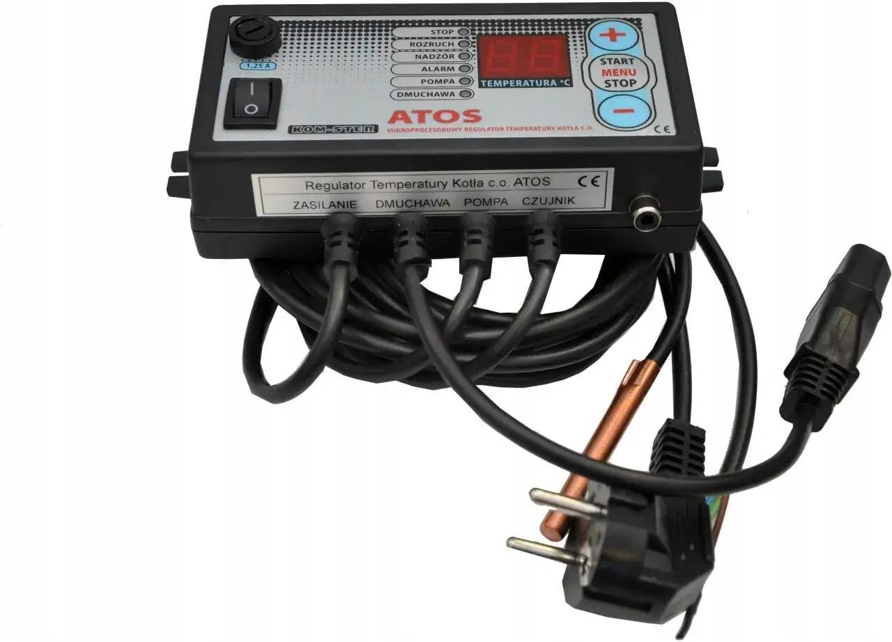 Sterownik Atos jak ustawić? Mikroprocesorowy regulator temperatury kotła c.o. z wyświetlaczem i przyciskami do konfiguracji.