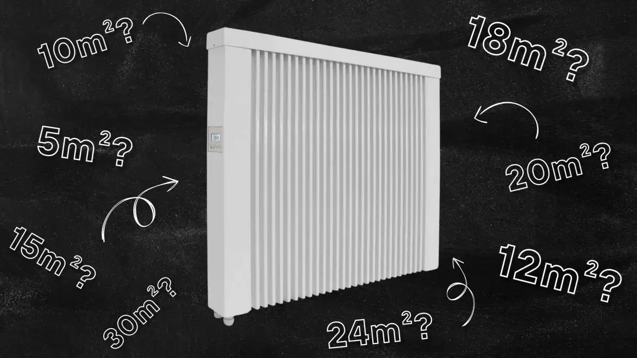 Jaki grzejnik do pokoju 16m²? Biały grzejnik elektryczny otoczony pytaniami o metraż pomieszczeń: 5m², 10m², 12m², 15m², 18m², 20m², 24m², 30m².