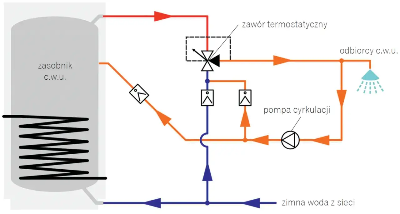 Schemat instalacji c.w.u. z zaworem termostatycznym i pompą cyrkulacji. Ciepła woda krąży w obiegu, zapewniając natychmiastowy dostęp do ciepłej wody użytkowej.