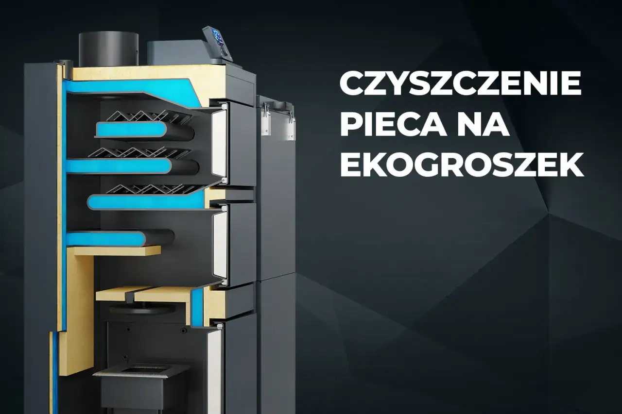Przekrój nowoczesnego pieca na ekogroszek z podajnikiem. Tekst: 